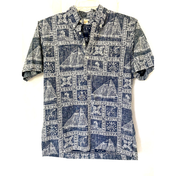 Reyn Spooner Shirt Half Button Short Sleeve Hawaiian Tropical Floral Blu… - Picture 1 of 4